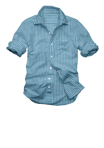 A blue and green shirt is hanging on a white background.