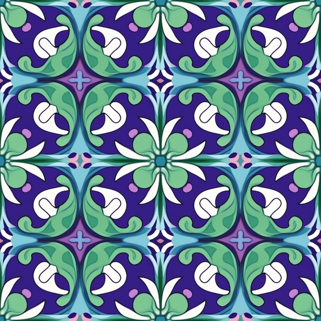 a blue and green tile with a bird and leaves pattern generative ai