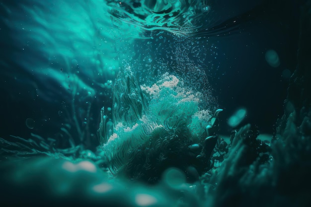 A blue and green underwater image of a sea with a white bubble floating above it.