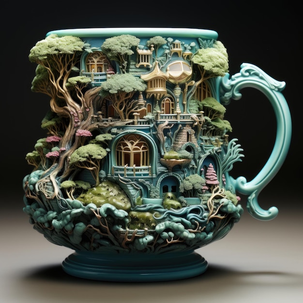 a blue and green vase with a picture of a fairy house.