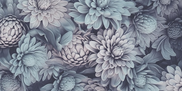 A blue and grey floral wallpaper with a white flower.