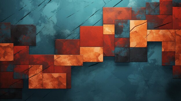 Blue grunge background with 3D red and orange blocks