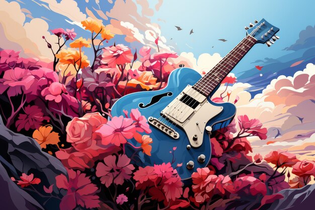 Blue Guitar in Field of Flowers