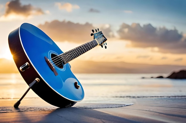 A blue guitar sits on a beach with the sun behind it