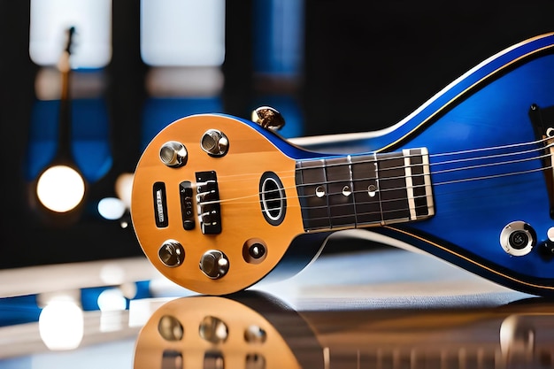 Photo a blue guitar with a black background and a reflection of the sky in the background.