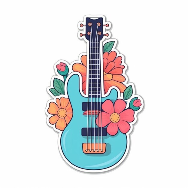 a blue guitar with flowers on it is sitting on a white surface generative ai