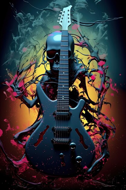 Photo a blue guitar with a skull on the front and the words  the blue  on the bottom