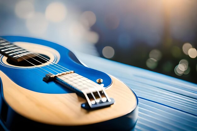 A blue guitar with a white stripe and blue trim sits on a blue table.