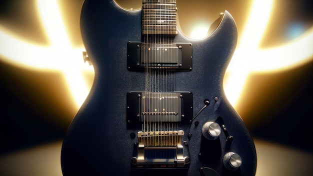 A blue guitar with the word guitar on it