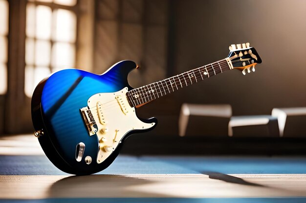 A blue guitar with the word