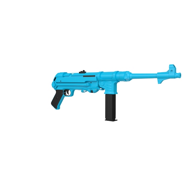 A blue gun with a black handle and a white background