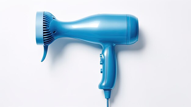 Photo blue hair dryer on white background