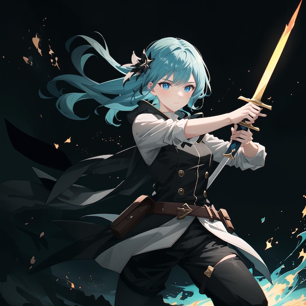 Cartoon character holding a sword with blue hair