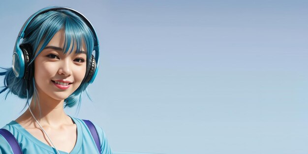 blue haired girl using headphones