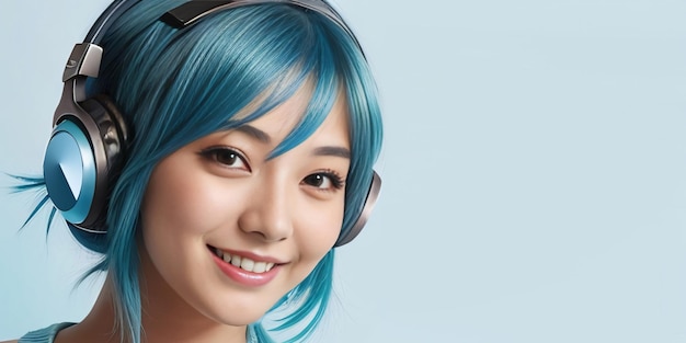 blue haired girl using headphones
