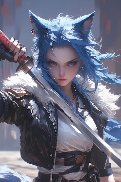 Blue haired wolf girl holding a sword