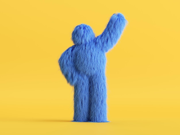 blue hairy yeti cartoon character fluffy monster toy isolated on yellow background standing pose