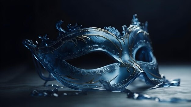 Foto un festival di maschera di carnevale semi trasparente a metà faccia blu alto dettaglio bello con sfondo scuro studio per concetto e uso commerciale