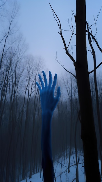 A blue hand reaching out to the sky