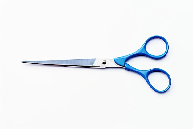 Blue handled scissors on a white background