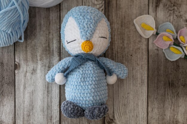 Blue handmade crochet amigurumi penguin