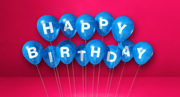 Синие воздушные шары с днем рождения на розовой стене. 3D визуализация иллюстрации