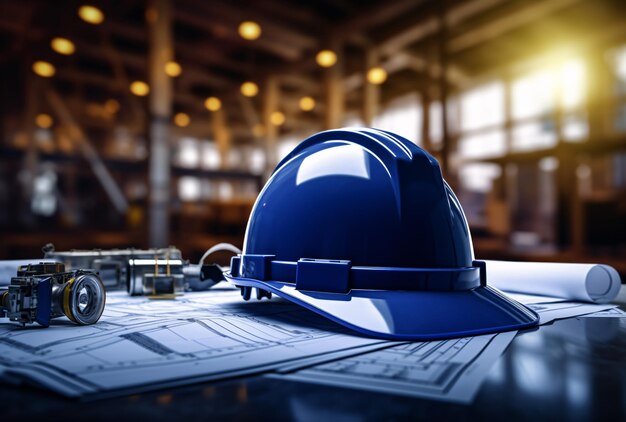 a blue hard hat on a table