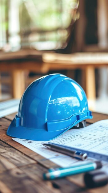 Blue Hard Hat on Wooden Table
