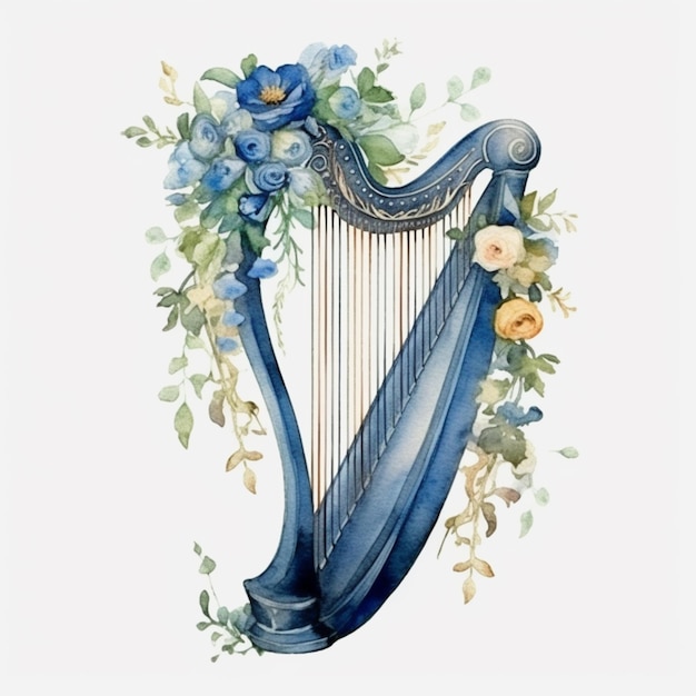 A blue harp with flowers and leaves painted on it.