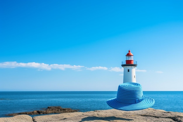 The blue hat over blue tower on the ocean and blue sky background