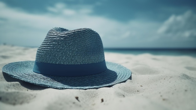 Foto cappello blu in spiaggia estiva con copia spazio ai generato