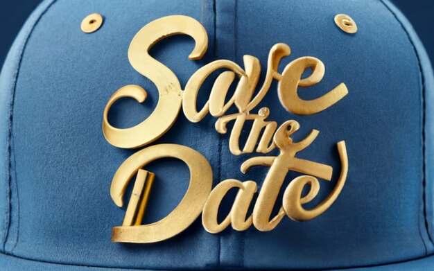 A blue hat with the text Save the Date in gold and a blue background