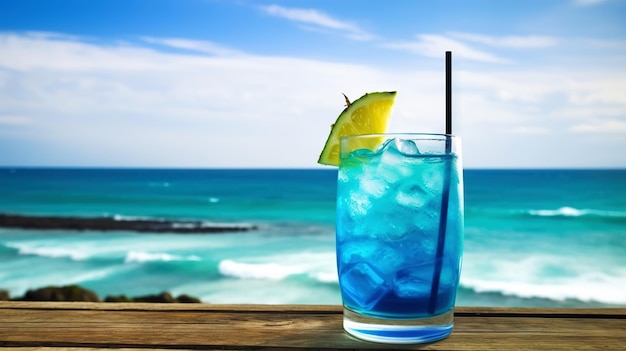 Blue Hawaiian cocktail on background with blue sea and sky tropical background Generative AI