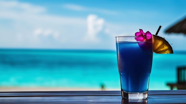 Foto cocktail hawaiano blu su sfondo con mare blu e cielo sfondo tropicale ia generativa