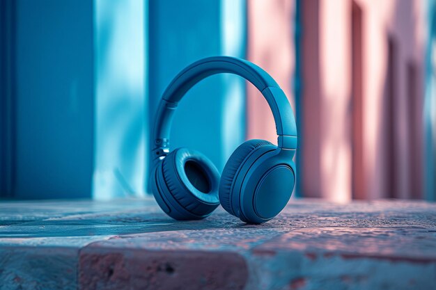 Photo blue headphones on ledge