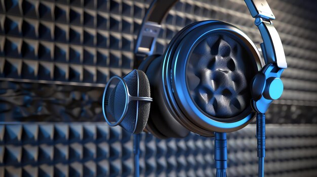 Photo blue headphones and microphone in the studio 3d illustration