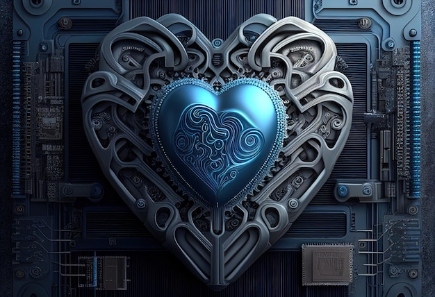 Blue heart designed as central processing unit illustration AI generative