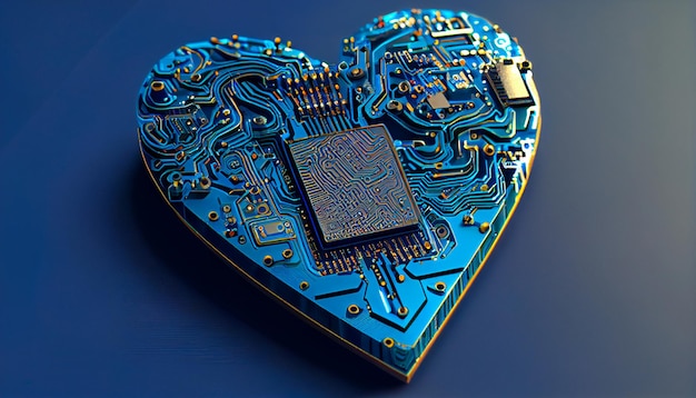 コンピューター回路基板の形をした青いハート ジェネレーティブ AI
