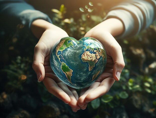 Photo a blue heart shaped earth is being held up by two hands generative ai