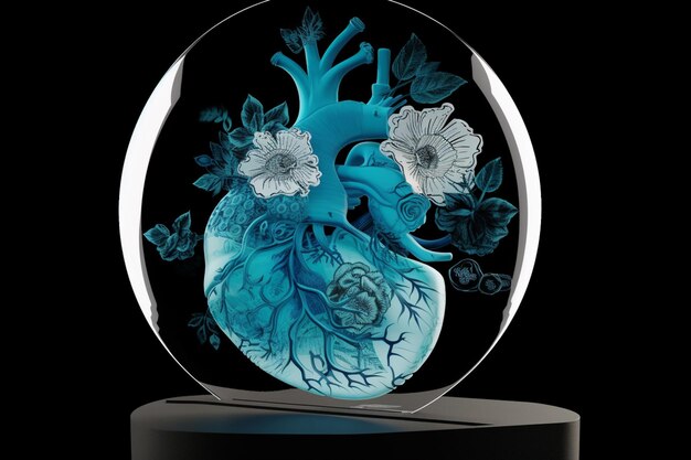 Photo a blue heart shaped glass sculpture with flowers on it.