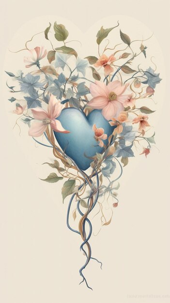 Photo a blue heart with flowers and leaves