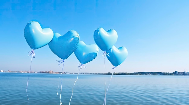 Blue hearts of valentines on the water against sky background