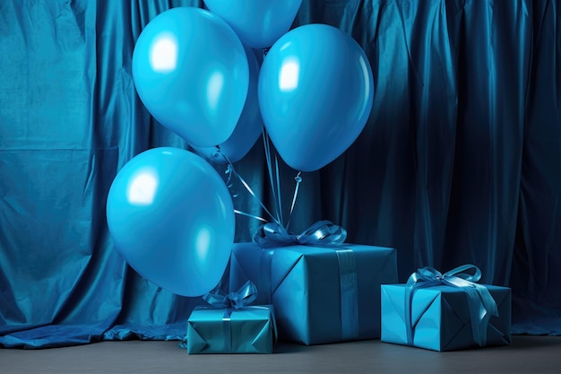 Blue helium balloons and a matching wrapped gift