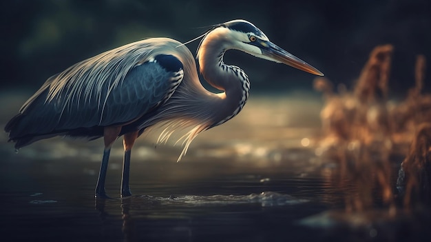 A blue heron stands in the water with a blurry background.