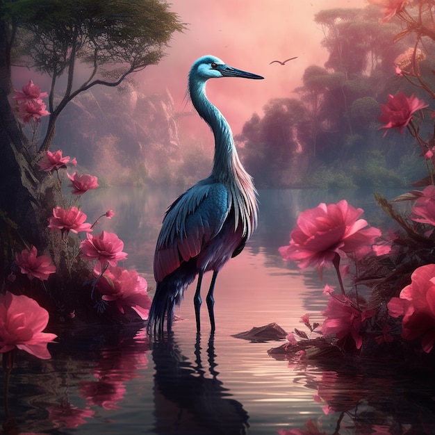 a blue heron stands in the water with flowers in the background.