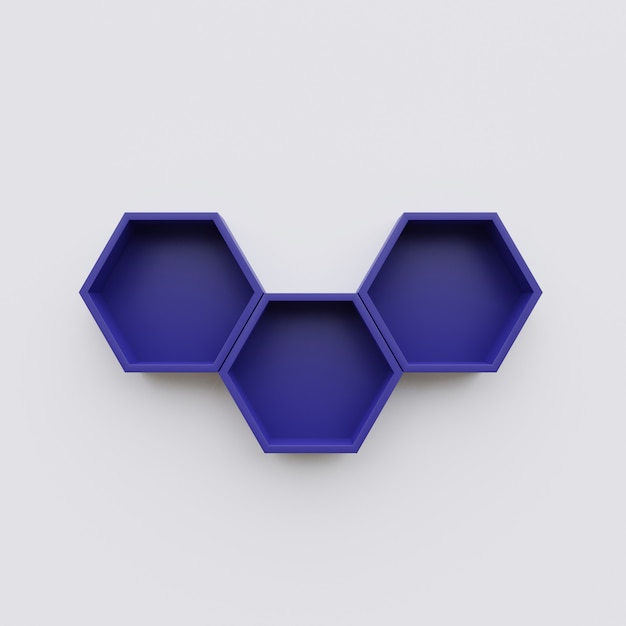 Photo blue hexagon shelf copy space,hexagon 3d rendering