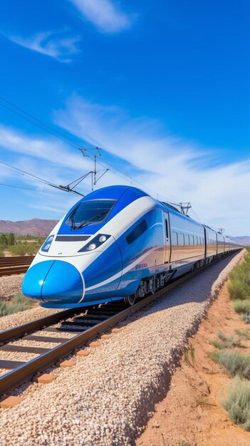 blue high speed train runs on rail track