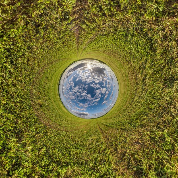 緑の草の中の青い穴球小さな惑星ラウンド フレームの背景