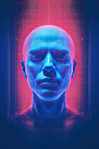 Foto illustrazione dell'ologramma blu della testa umana su uno sfondo blu con sistema di riconoscimento facciale ai generativi