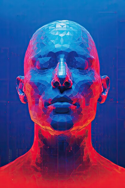 Blue hologram polygon illustration of human head on a blue background face recognition system